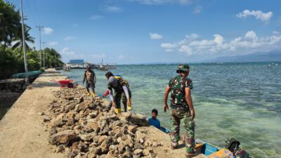 Semangat Gotong Royong, Warga dan Satgas TMMD Kumpulkan Batu untuk Material Rabat Jalan di Desa Polewali
