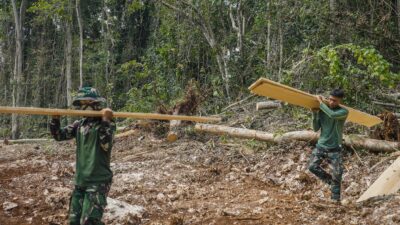 Satgas TMMD Bersama Masyarakat Ambil Material Papan untuk Pekerjaan RTLH